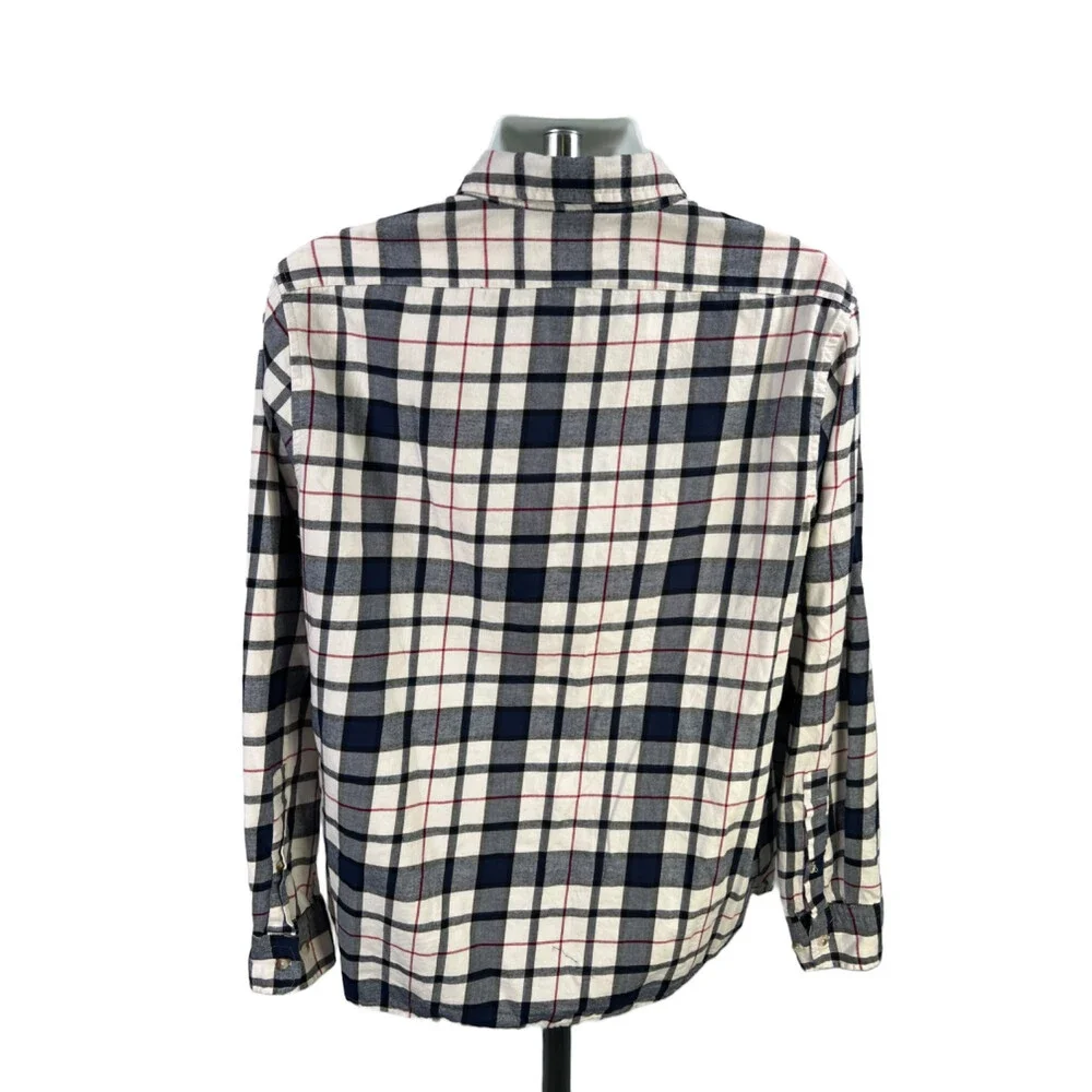Banana Republic Men's White/Blue Plaid Untucked Long Sleeve Button Up Shirt - L